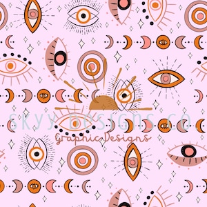 May include: A seamless pattern featuring a pink background with various abstract shapes and designs. The pattern includes stylized eyes, moons, stars, and suns in shades of orange, brown, and pink.