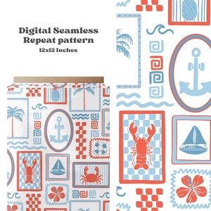 May include: A seamless repeat pattern featuring a variety of nautical and tropical elements. The pattern includes anchors, sailboats, lobsters, crabs, pineapples, palm trees, hibiscus flowers, and waves. The pattern is in shades of blue, red, and white.