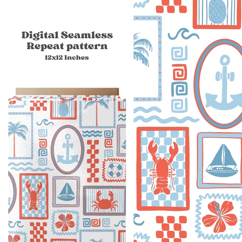 May include: A seamless repeat pattern featuring a variety of nautical and tropical elements. The pattern includes anchors, sailboats, lobsters, crabs, pineapples, palm trees, hibiscus flowers, and waves. The pattern is in shades of blue, red, and white.