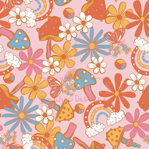 Retro floral daisy  digital seamless pattern for fabrics and wallpapers, Hippie seamless pattern, Groovy digital paper, Summer retro pattern