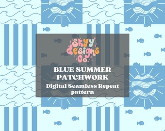 Summer Waves Patchwork Seamless Pattern, Gender Neutral Nautical Checkered Pattern Paper Digital Download