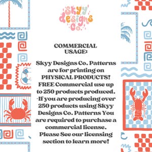 May include: A graphic with a red, white, and blue color scheme. The text reads "SKYY designs Co." and "COMMERCIAL USAGE: Skyy Designs Co. Patterns are for printing on PHYSICAL PRODUCTS! FREE Commercial use up to 250 products produced. -If you are producing over 250 products using Skyy Designs Co. Patterns You are required to purchase a commercial license. Please See our licensing section to learn more!"