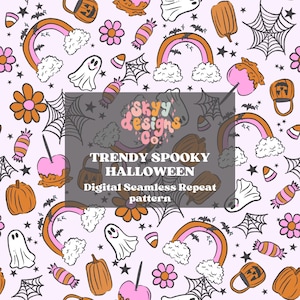 Trendy spooky Halloween digital file seamless pattern for fabrics and wallpapers, trendy Halloween Treats pattern, Rainbow Halloween, ghosts