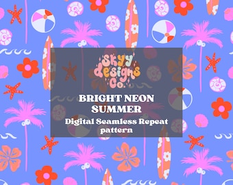 Neon Summer Seamless Pattern, Bright Tropical Pattern Paper Digital Download