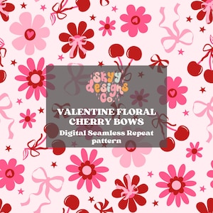 Florale Valentinstag Kirschen digitale nahtlose Muster für Stoffe, Kokette Valentinstag Muster, helle Kirsch Blumenmuster-Datei