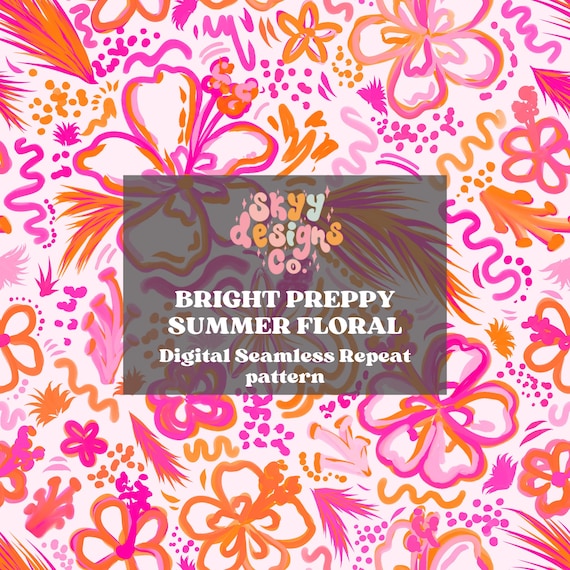 Tropical Hibiscus Floral Seamless Pattern for Summer, Bright Watercolor Preppy Pattern Paper Digital Download
