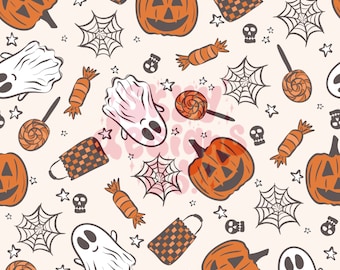 May include: A seamless pattern featuring Halloween-themed illustrations. The pattern includes orange pumpkins with jack-o'-lantern faces, ghosts, candy corn, spiderwebs, and trick-or-treat bags.