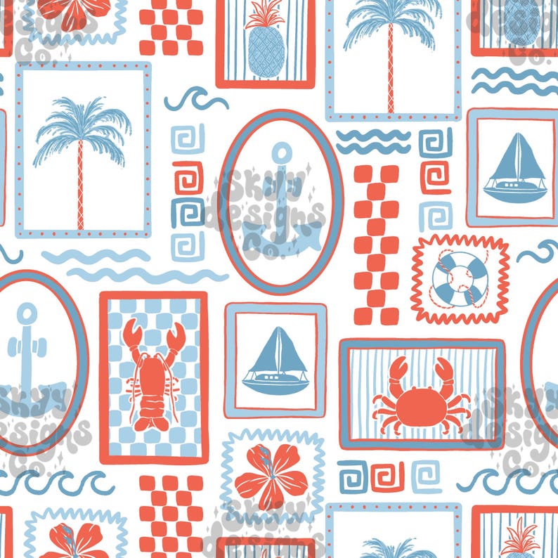 May include: A seamless pattern featuring a variety of nautical and tropical elements in red and blue. The pattern includes anchors, sailboats, pineapples, palm trees, crabs, and hibiscus flowers. The elements are arranged in a patchwork style within frames.