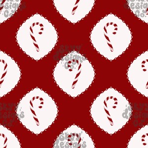 May include: A seamless pattern featuring red and white candy canes centered within white scalloped circular frames against a deep red background. The repeating design includes the text Skyy Designs Co. subtly overlaid in a light gray font throughout.