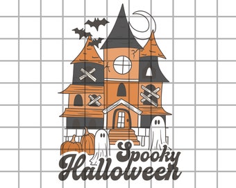 May include: A spooky Halloween illustration featuring a haunted house with boarded up windows, a crescent moon, bats, ghosts, and pumpkins. The text "Spooky Halloween" is written in a retro font.
