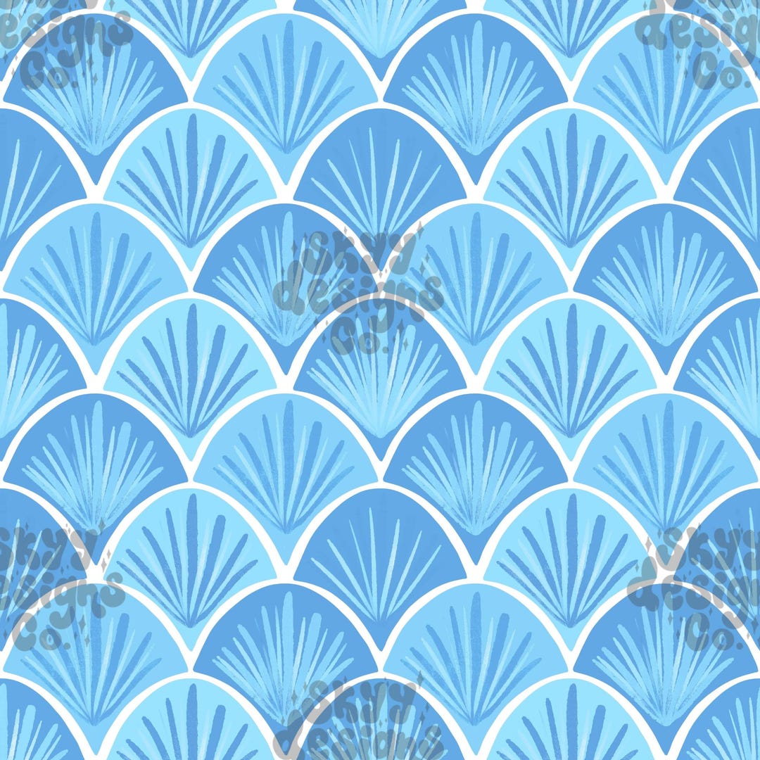 Blue Watercolor Scallops Seamless Pattern for Summer, Mermaid Scale ...