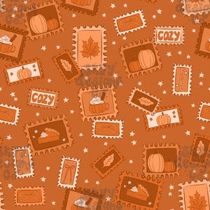 Pode incluir: Um padrão contínuo sobre um fundo laranja com vários designs de selos postais retangulares. Os selos exibem ilustrações de abóboras, folhas de bordo, canecas com chantilly, fatias de torta e laços, com o texto COZY e FALL.