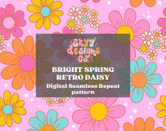 Bright Spring retro daisy floral digital seamless pattern for fabrics, Trendy Retro floral digital paper file design digital download