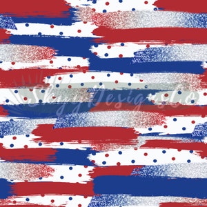 May include: Abstract seamless pattern featuring red, white, and blue brushstrokes with silver glitter accents and white polka dots.