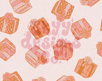 May include: A seamless pattern featuring pink and orange gift boxes with various patterns, including stripes, polka dots, and checkered designs. The boxes are decorated with bows and flowers. The text "Happy Designs Co." is written in pink letters.