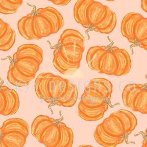 May include: A seamless pattern featuring orange pumpkins with a gold glitter texture on a light pink background.
