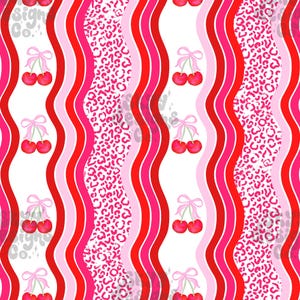 May include: A seamless pattern featuring red and pink wavy stripes, a leopard print, and cherries with pink bows.