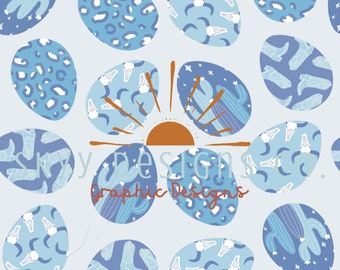 Blue Western Eggs Seamless Pattern for Easter, Boys Spring Pattern Paper Digital Download