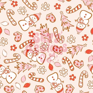 Pink Christmas Snowman Seamless Pattern, Neutral Winter Holiday Pattern Paper Digital Download
