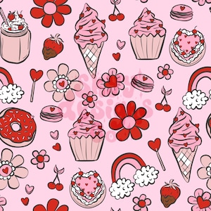 Valentines love dessert seamless pattern for Valentine&#39;s Day, trendy love cakes seamless repeat pattern for fabric sublimations