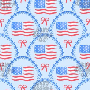 Könnte beinhalten: Ein nahtloses Muster mit rot-weiß-blauen amerikanischen Flaggen mit roten Schleifen auf hellblauem Hintergrund. Die Flaggen sind wellenförmig und von blauen und weißen gewellten Kreisen umgeben.