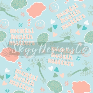 May include: A light blue background with a repeating pattern of pink clouds, green brains, green neuron-like shapes, pink hearts, white flowers, and the text "mental health matters" in a retro font.