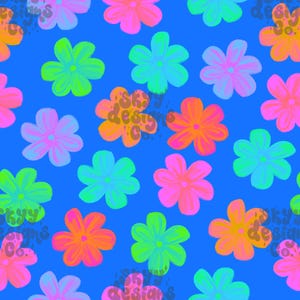 May include: A seamless pattern featuring bright, colorful flowers on a blue background. The flowers are in various shades of pink, orange, green, and blue.