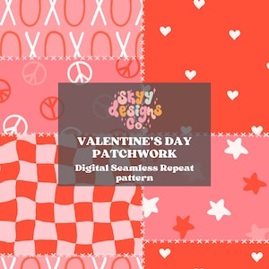 Puede incluir: Un patrón digital sin costuras repetido que presenta un diseño de patchwork con varios temas del Día de San Valentín. El patrón incluye corazones, estrellas, signos de paz y un patrón a cuadros. El texto "VALENTINE'S DAY PATCHWORK" se muestra en el centro de la imagen.