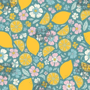 Fruits citronnés et délicats motifs floraux sans couture pour le printemps, papier numérique de fruits et de fleurs de printemps, usage commercial, citrons printaniers boho