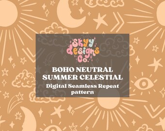 Patrón bohemio celestial de sol y luna sin costuras, patrón veraniego neutro, descarga digital en papel