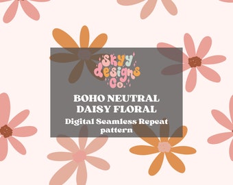 Patrón floral sin costuras estilo boho con margaritas, descarga digital de papel con estampado minimalista de flores neutras