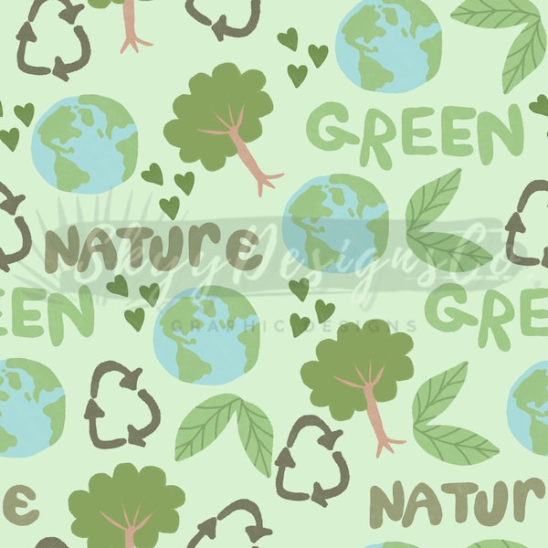 Earth day recycle digital seamless pattern for fabrics and wallpapers, Mother nature seamless, Earth digital paper, Earth repeat pattern
