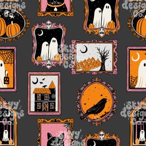 May include: A repeating pattern featuring framed Halloween illustrations on a dark gray background. The frames are in pink, orange, and black, with images of ghosts, pumpkins, a black cat, and a crow. The overall theme is spooky and festive.