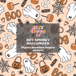 Halloween Boys Pumpkin Ghosts Seamless, Boys digital seamless pattern for fabrics, Spooky Skateboard ghost seamless pattern, Digital paper
