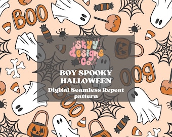 May include: A seamless pattern featuring a variety of Halloween-themed elements, including ghosts, candy corn, spiderwebs, sweets, and the words "BOO". The pattern is set against a light peach background.