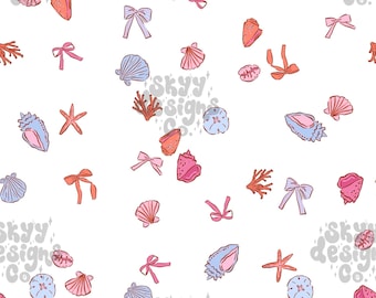Coquette Seashells Seamless Pattern for Summer, Girly Nautical Pattern Paper Digital Download