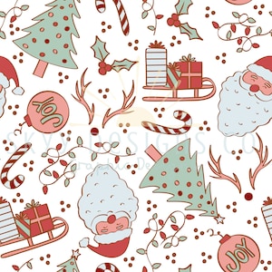 May include: A seamless pattern featuring a variety of Christmas-themed illustrations, including Father Christmas, Christmas trees, presents, candy canes, holly, and baubles. The illustrations are drawn in a whimsical, cartoon style and are coloured in shades of red, green, blue, and white.