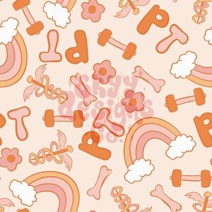 Könnte beinhalten: Ein nahtloses Muster mit verschiedenen Illustrationen in Pastellrosa und Orange, darunter Regenbögen, Hanteln, Knochen, Blumen und die Buchstaben "Fit", die sich im gesamten Muster wiederholen.