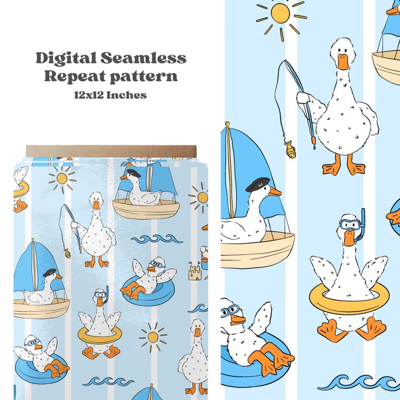 May include: Digital seamless repeat pattern featuring cartoon geese in various summer activities. The geese are depicted sailing, fishing, and swimming with goggles and a life ring. The pattern is on a light blue background with white stripes and sun and wave illustrations. The pattern is 12x12 inches.