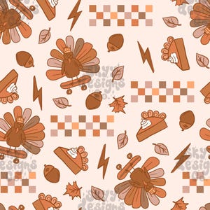 May include: A seamless pattern featuring turkeys, pumpkin pie slices, acorns, lightning bolts, and checkered patterns in shades of brown and orange on a light pink background.