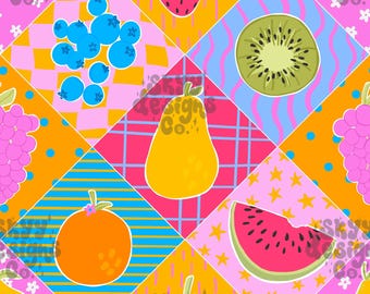 Bright Fruit Patchwork Seamless Pattern for Summer, Tropical Food Pattern Paper Digital Download