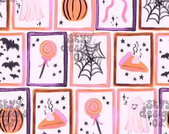 Watercolor Spooky Frames Seamless Pattern for Halloween, Pastel Ghosts Pattern Paper Digital Download
