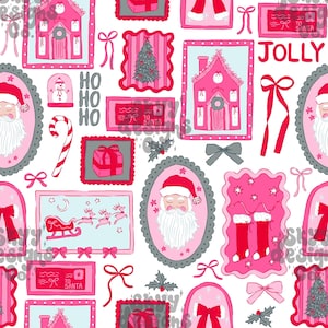 以下が含まれることがあります： 白地にピンクと赤のイラストが描かれた、お祝いのクリスマスをテーマにしたパターンです。デザインには、サンタクロースの肖像画、ギフトボックス、ジンジャーブレッドハウス、クリスマスツリー、ストッキング、リボン、そして「JOLLY」という言葉が含まれています。