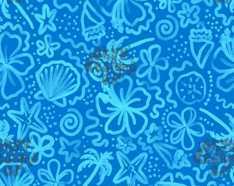 Watercolor Beach Seamless Pattern for Summer, Hibiscus Floral Pattern Paper Digital Download