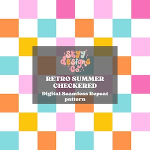 May include: A digital seamless repeat pattern featuring a checkered design with alternating squares of pink, orange, yellow, and blue. The pattern is set against a white background. The text "Skyy designs Co." is in the center of the image.