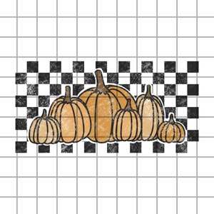 May include: A group of six orange pumpkins with a black and white checkered background. The pumpkins are arranged in a row, with the largest pumpkin in the center.