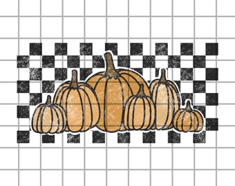 May include: A group of six orange pumpkins with a black and white checkered background. The pumpkins are arranged in a row, with the largest pumpkin in the center.