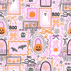 May include: A repeating pattern on a light pink background featuring Halloween motifs including white ghosts, orange jack-o'-lantern buckets, black bats, skulls, candy corn, lollipops, pink teddy bears, spider webs, and orange or black bows.