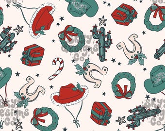 Western Christmas Seamless Pattern, Cowgirl Winter Pattern Paper Digital Download
