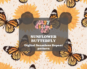 Naadloze zonnebloempatroon vlinder voor de zomer, boho bloemenpatroon papier digitale download
